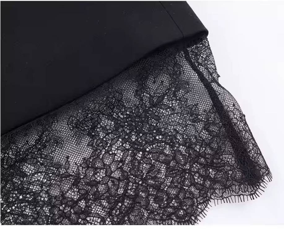 Women’s Black Lace-Trim Blazer Dress – Notched Collar, Long Sleeve Elegant Office & Evening Dress