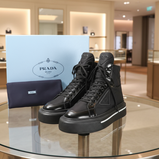PRADA – Macro High Top Sneakers – Nylon Black/White – Women Size 37