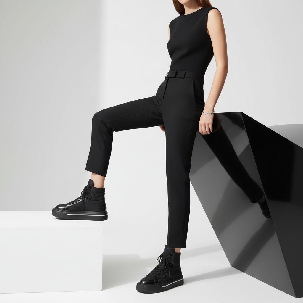 PRADA – Macro High Top Sneakers – Nylon Black/White – Women Size 37