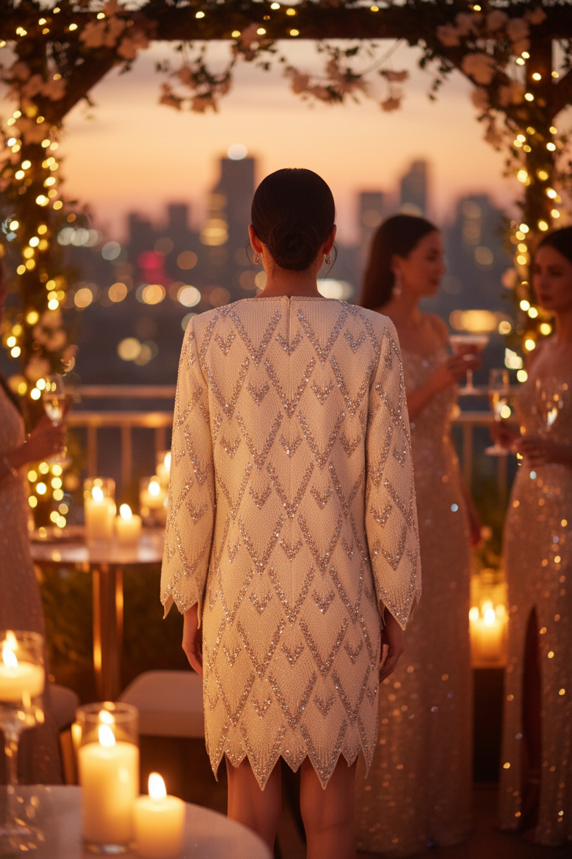 Sequin Argyle Knit Mini Dress – Long Sleeve Lace Tunic with Diamond Pattern