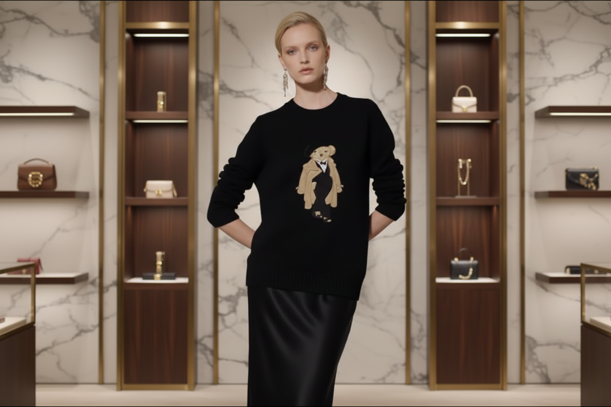 Luxury Bear Motif Knit
Sweater for Women - Black
Long-Sleeve Pullover, Autumn Winter Statement Knitwear, Relaxed Fit