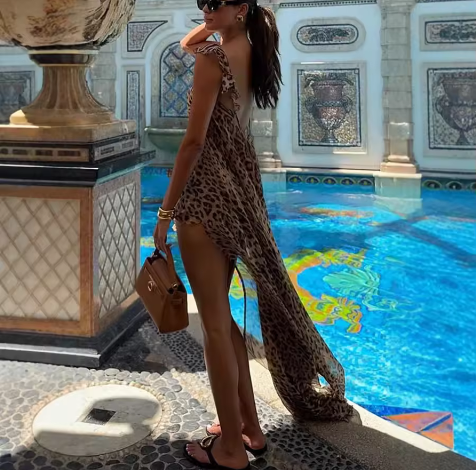 Women’s Leopard Print Chiffon Maxi Dress and shorts Set – Summer Beach Vacation Two-Piece Outfit