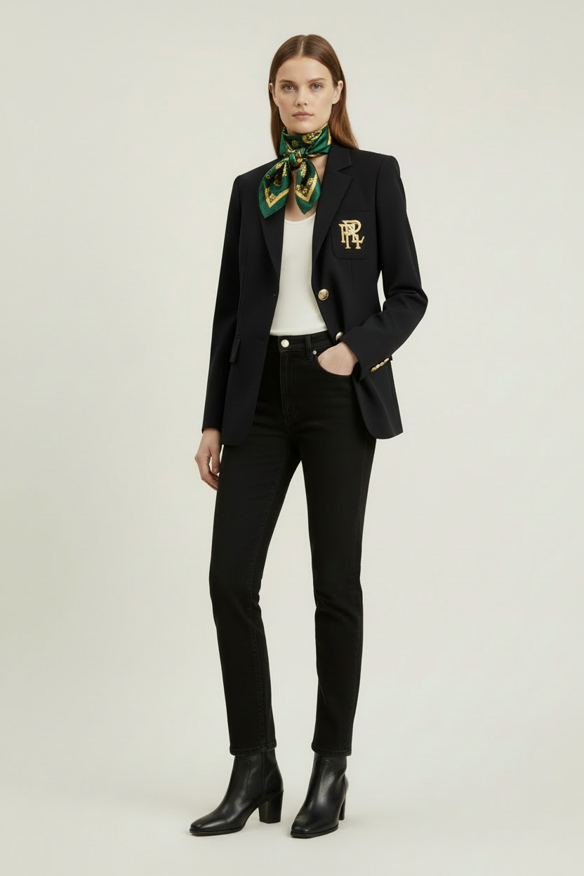 Women's Embroidered
Crest Blazer - Structured
Tailored Fit - Gold Button