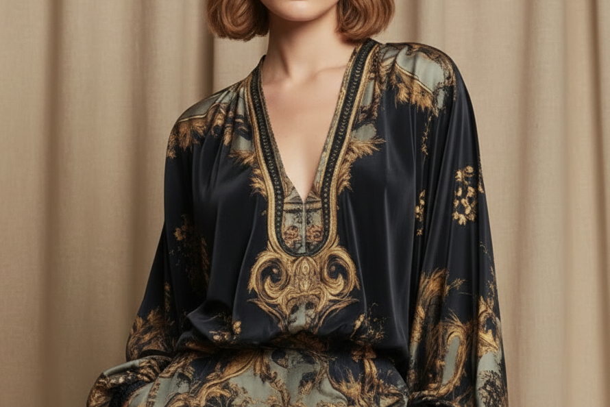 Baroque Satin Two-Piece Set for Women – Long Sleeve V-Neck Blouse & Wide-Leg Pants – Elegant Lightweight Matching Outfit