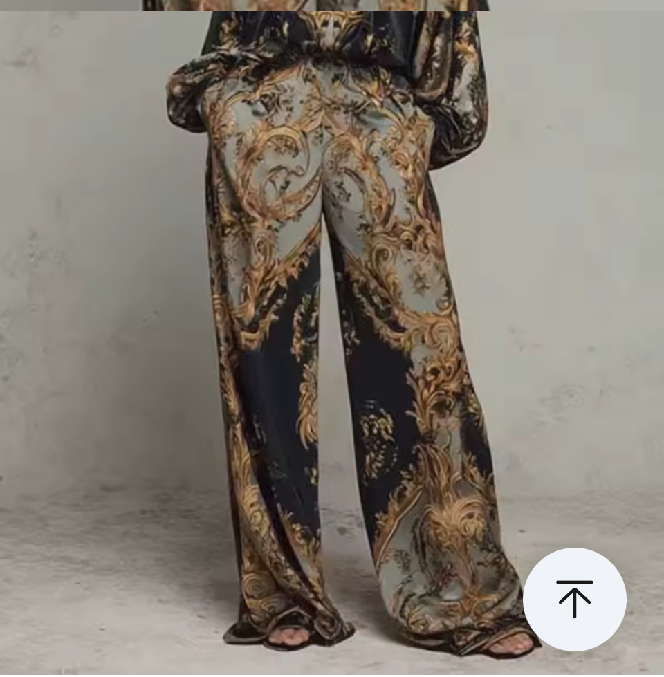 Baroque Satin Two-Piece Set for Women – Long Sleeve V-Neck Blouse & Wide-Leg Pants – Elegant Lightweight Matching Outfit