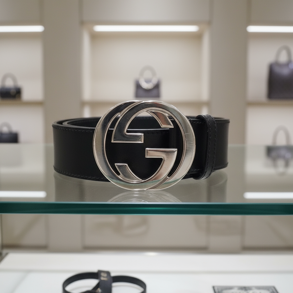 GUCCI – Black Unisex Leather Interlocking Belt