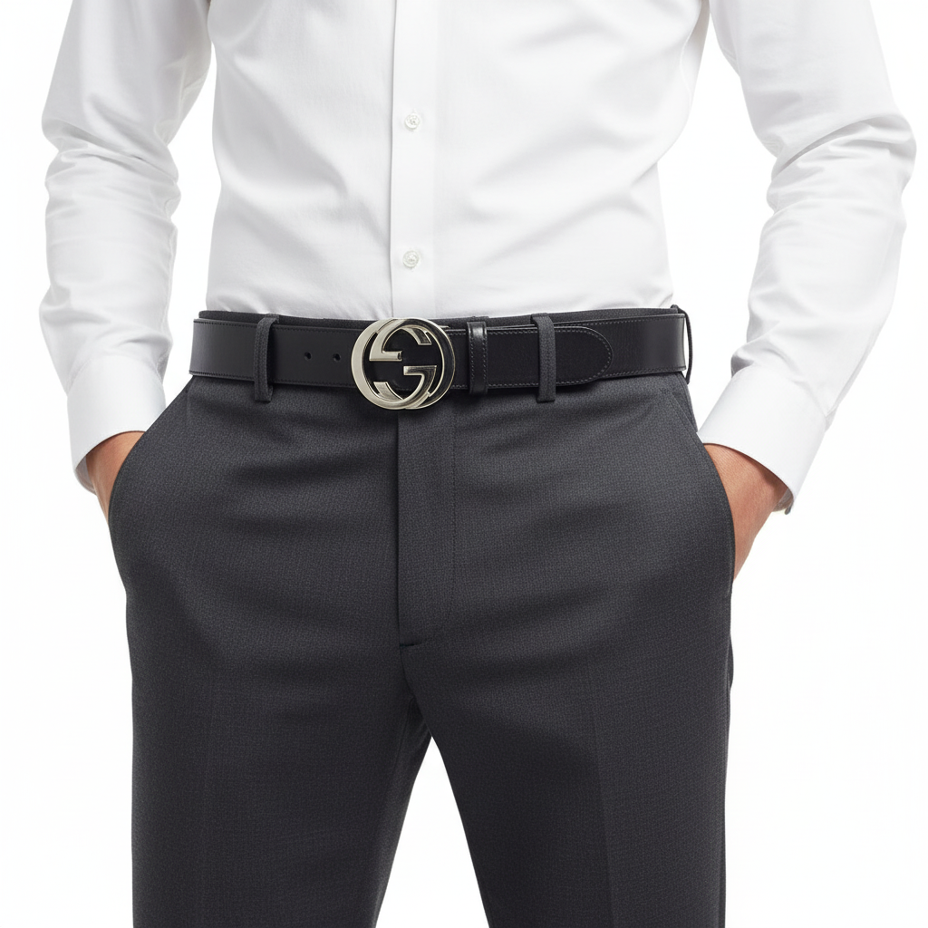 GUCCI – Black Unisex Leather Interlocking Belt