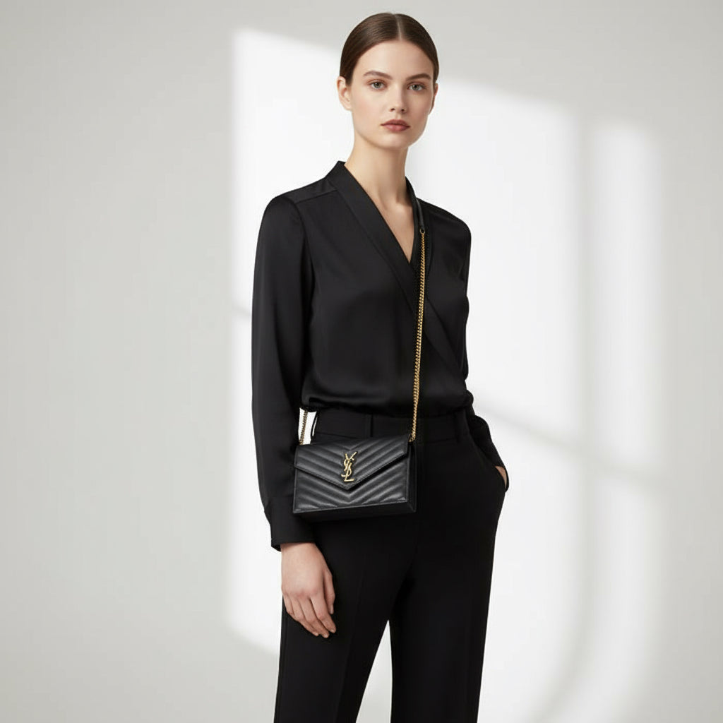 SAINT LAURENT – Envelope Cassandra Chain Wallet – Black Calfskin with Gold-Tone Hardware –