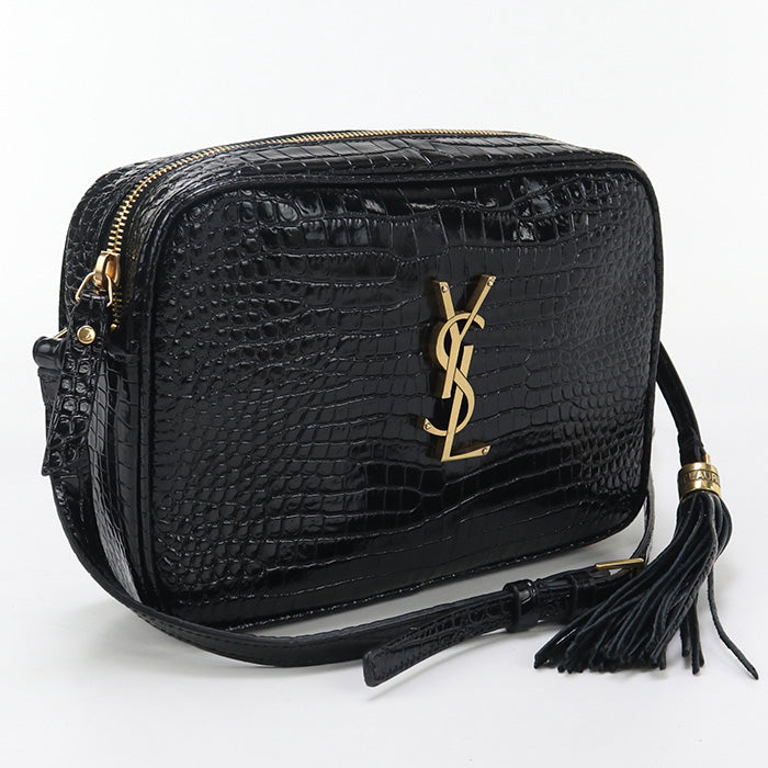 SAINT LAURENT – Diagonal Shoulder Bag – Croco-Embossed Black Leather