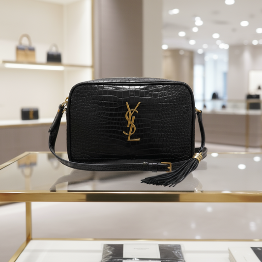 SAINT LAURENT – Diagonal Shoulder Bag – Croco-Embossed Black Leather