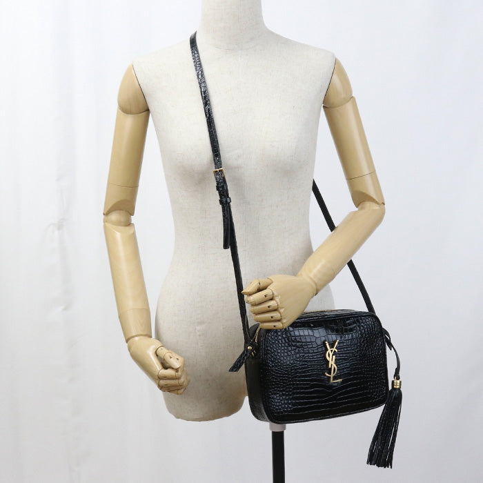 SAINT LAURENT – Diagonal Shoulder Bag – Croco-Embossed Black Leather