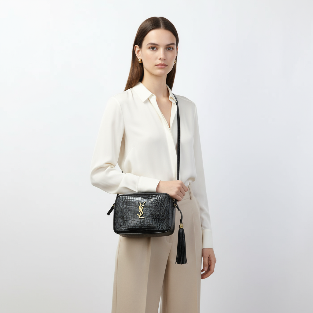 SAINT LAURENT – Diagonal Shoulder Bag – Croco-Embossed Black Leather