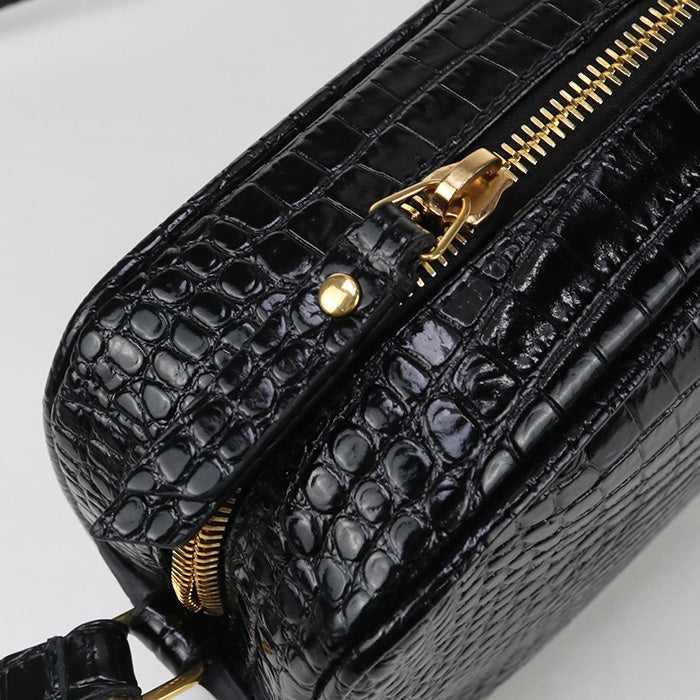 SAINT LAURENT – Diagonal Shoulder Bag – Croco-Embossed Black Leather