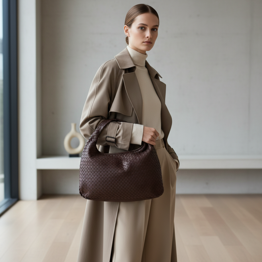 BOTTEGA VENETA – Intrecciato “One Belt” Shoulder Bag – Brown Calfskin –