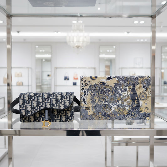 DIOR – Oblique Saddle Belt Pouch / Waist Bag – Leather × Canvas Navy