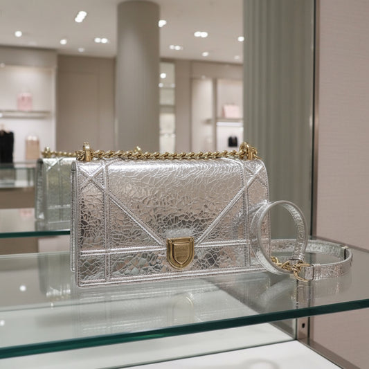 DIOR – Diorama Small Flap Shoulder Bag – Silver Leather