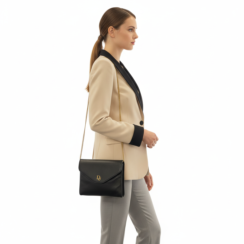 Christian Dior – Vintage Chain Shoulder Clutch – Black Leather with Gold-Tone hardware