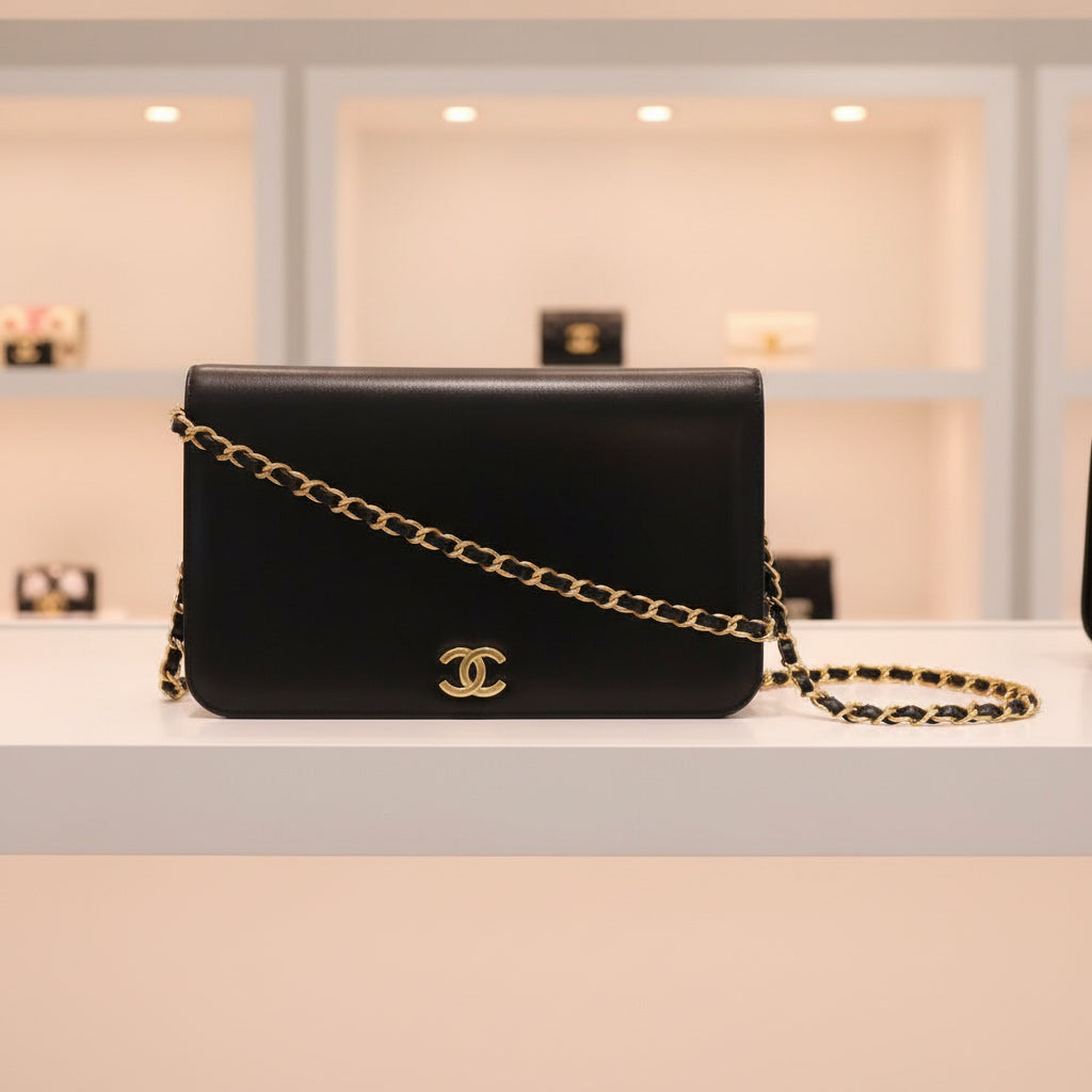 CHANEL vintage Chain Shoulder bag in black calfskin with classic COCO Mark harware Vintage