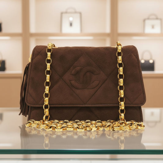 CHANEL – Matelassé Fringe COCO Mark Shoulder Bag – Brown Suede Leather