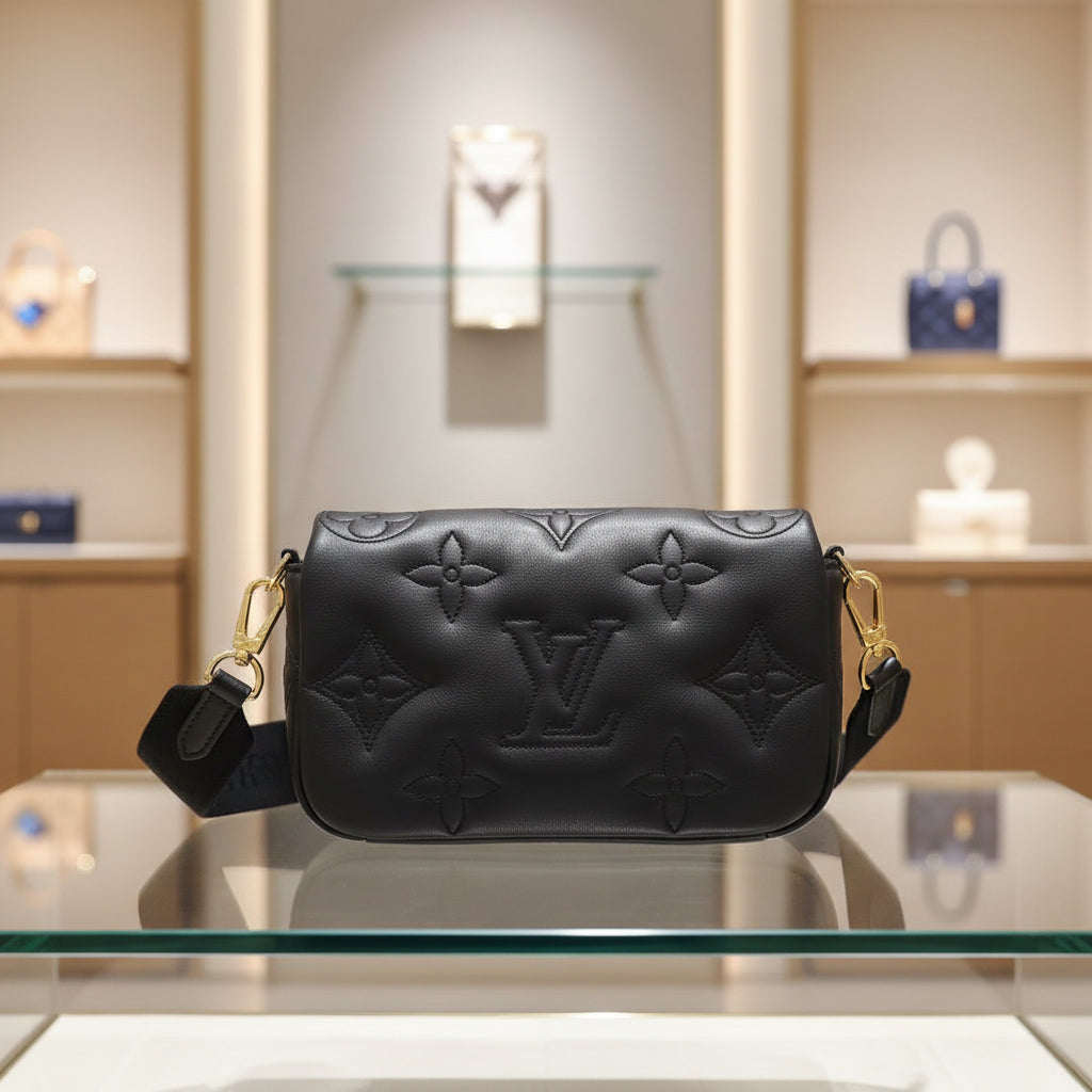 LOUIS VUITTON – Shoulder Bag – Monogram Bubblegram Wallet on Strap – Black Leather