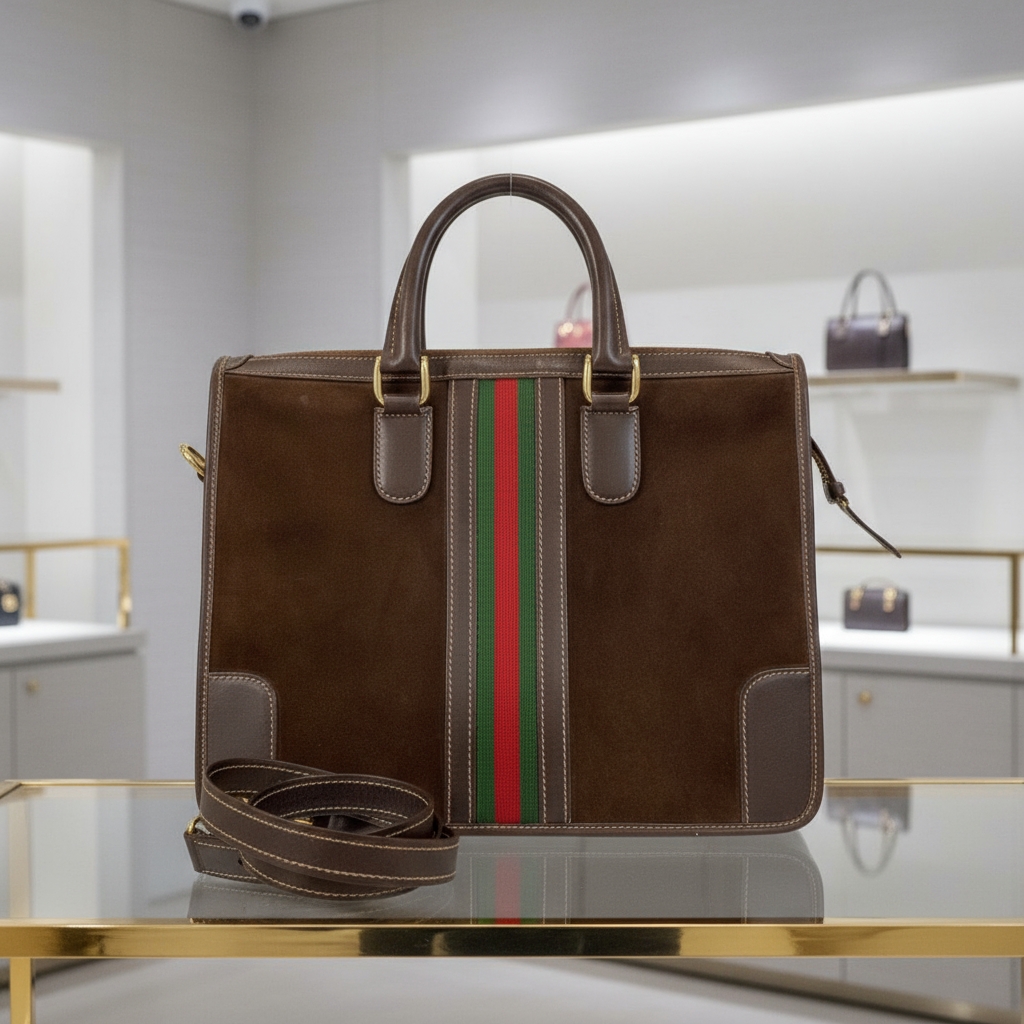 GUCCI – Sherry Line 2-Way Handbag / Tote – Suede & Leather – Brown with Gold Hardware – Modern Collection