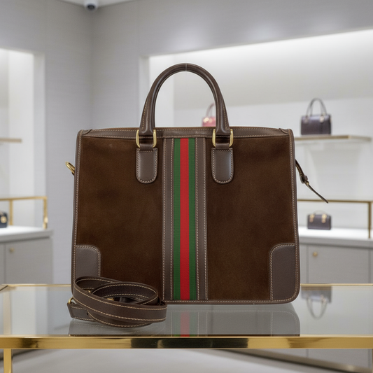 GUCCI – Sherry Line 2-Way Handbag / Tote – Suede & Leather – Brown with Gold Hardware – Modern Collection