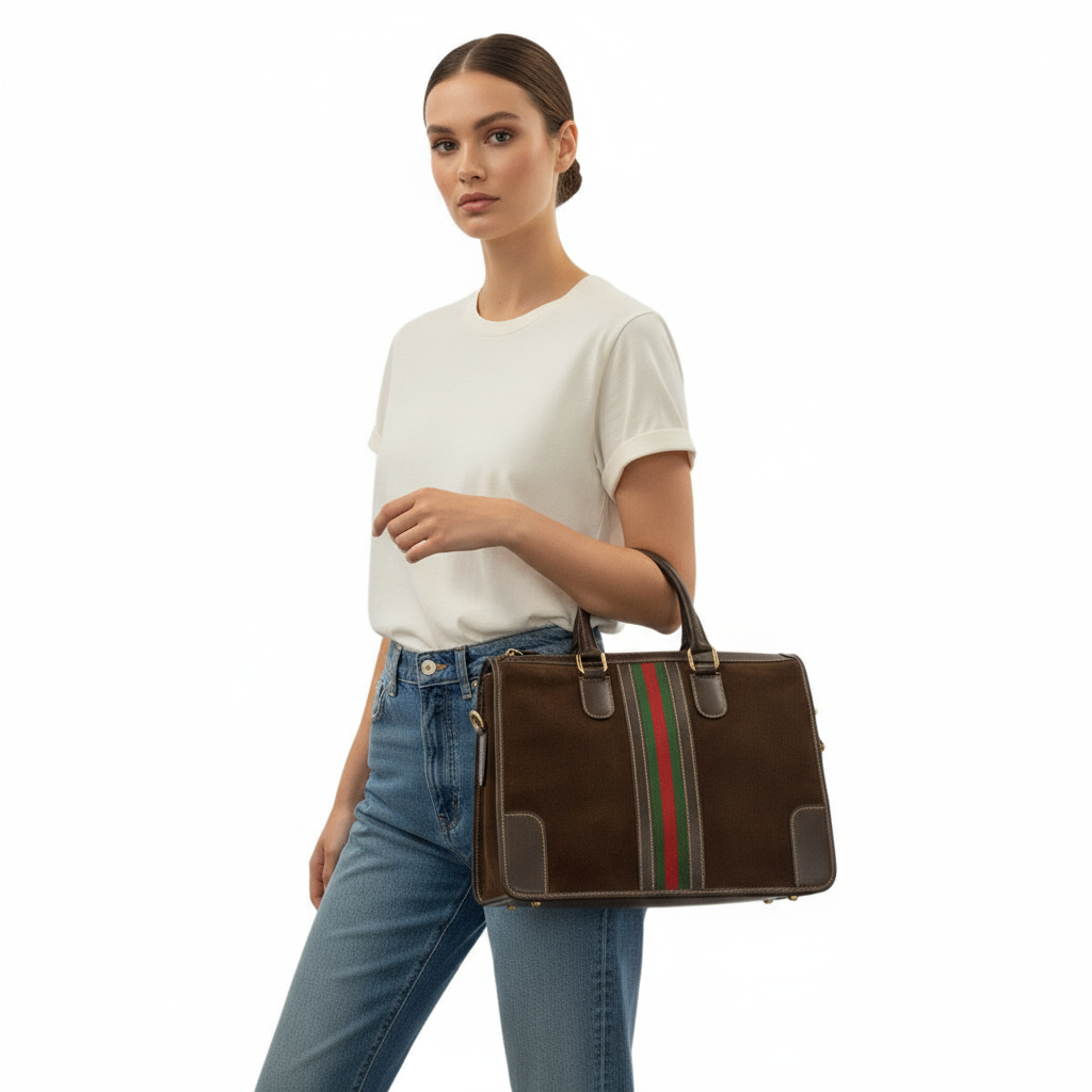 GUCCI – Sherry Line 2-Way Handbag / Tote – Suede & Leather – Brown with Gold Hardware – Modern Collection