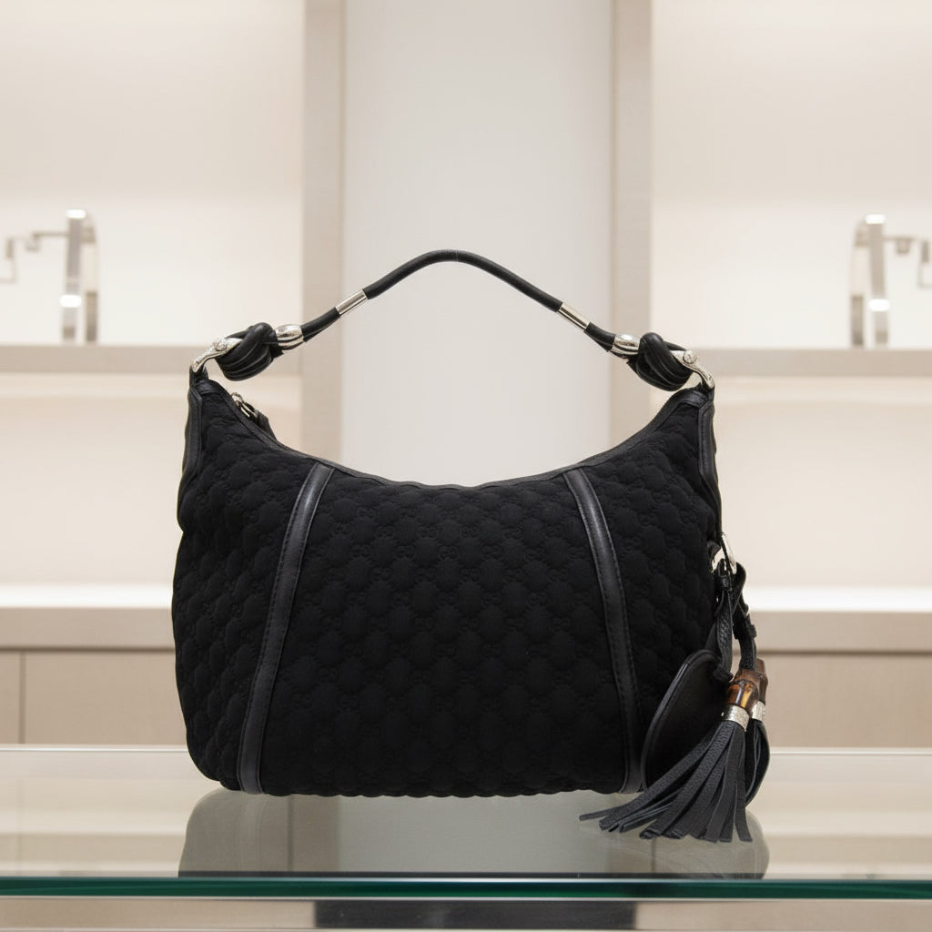 GUCCI – GG Logo One-Belt Fringe Bamboo Horsebit Hobo – Black Nylon – Modern Collection –