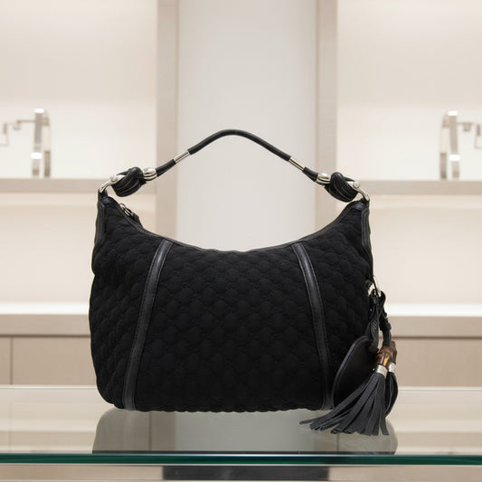 GUCCI – GG Logo One-Belt Fringe Bamboo Horsebit Hobo – Black Nylon – Modern Collection –