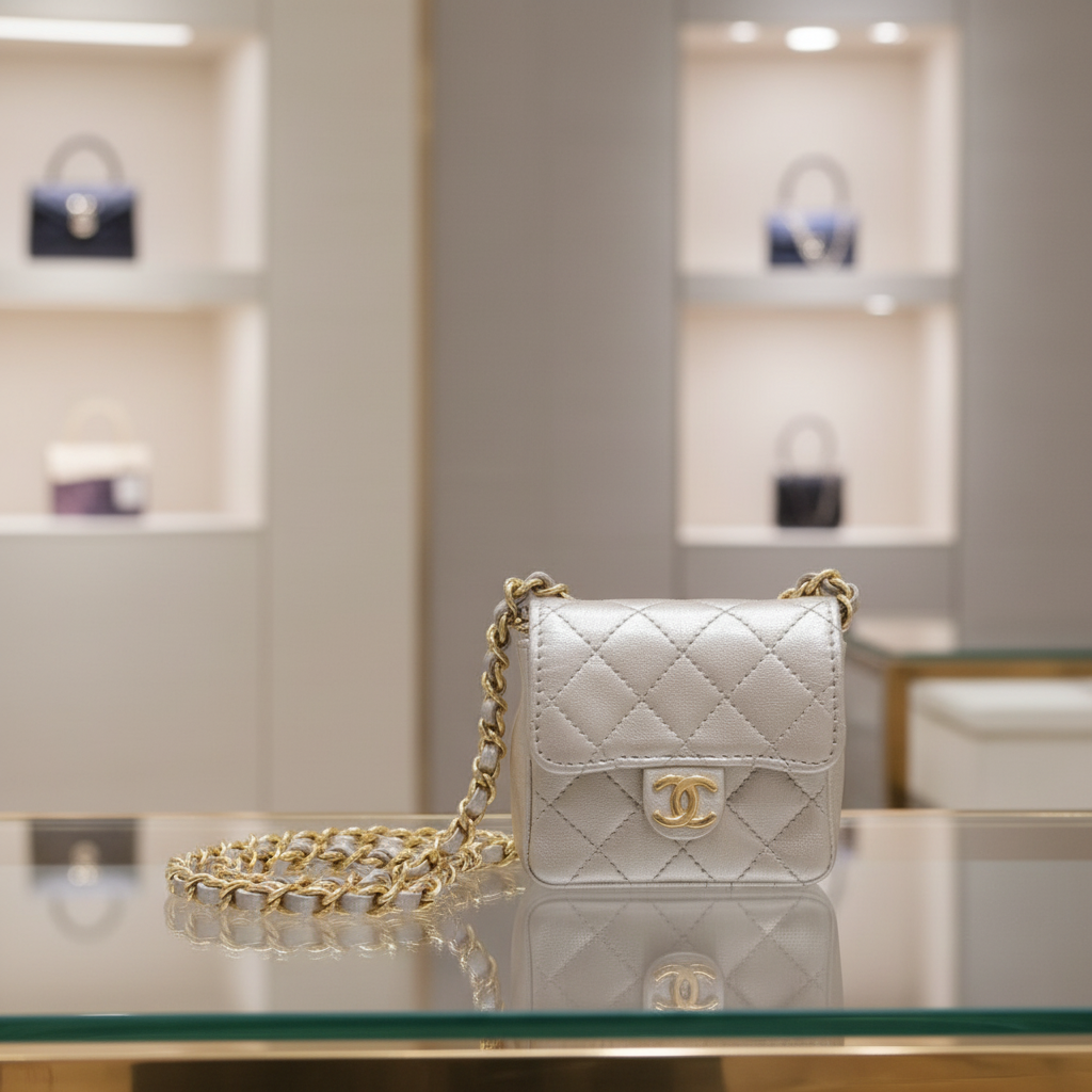 Chanel Chain Pochette Micro Line Calfskin Silver