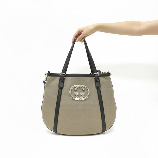 GUCCI – GG Logo 2-Way Tote Bag – Beige Canvas & Leather with Shoulder Strap –