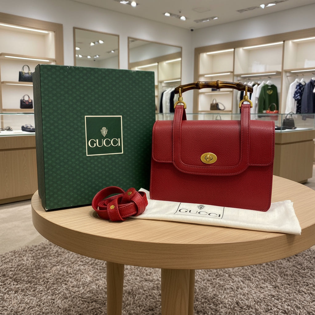 GUCCI – Red Leather Bamboo Handbag  –