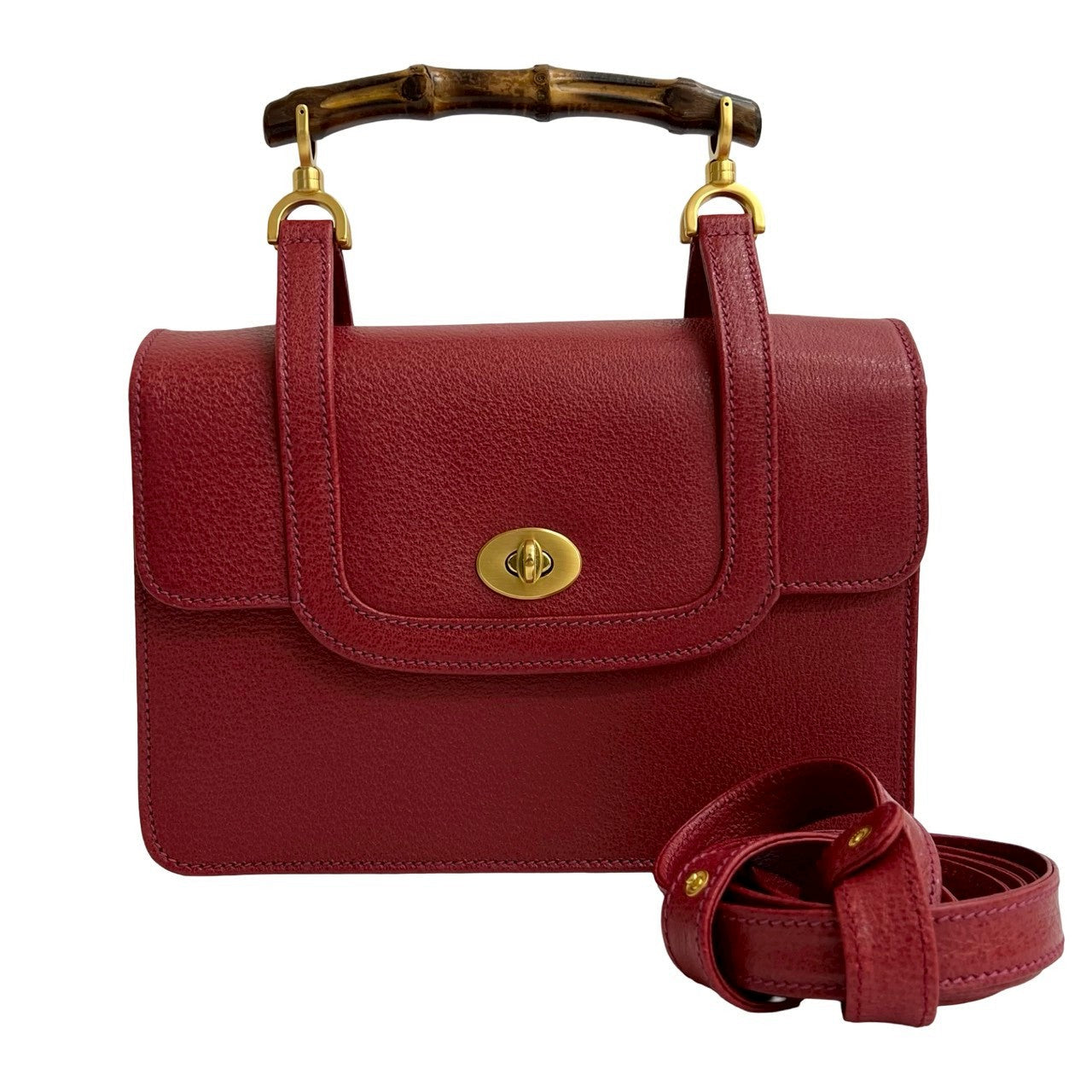 GUCCI – Red Leather Bamboo Handbag  –