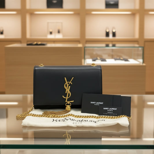 YVES SAINT LAURENT – Cassandra YSL Logo Shoulder Bag – Black Leather –