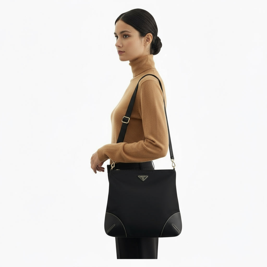 PRADA – Triangle Logo Pochette Shoulder Bag – Black Nylon Leather