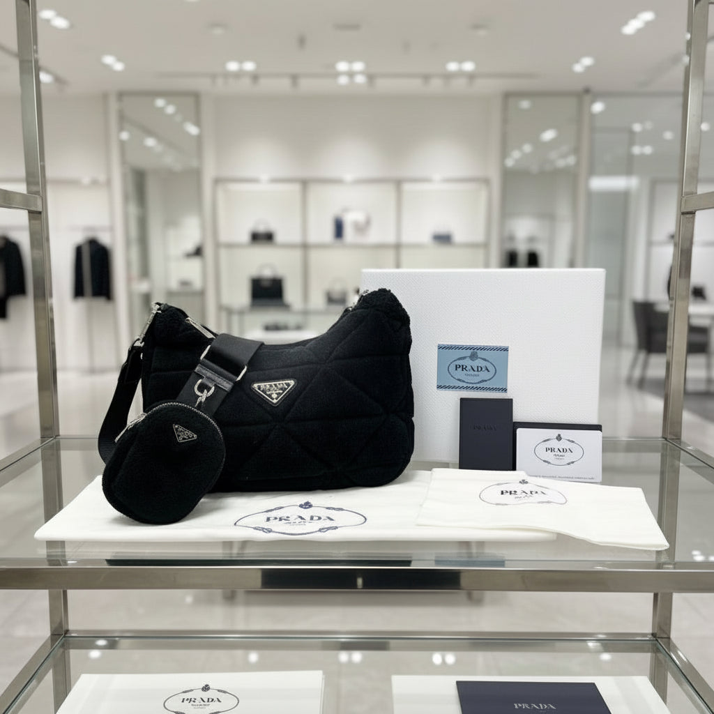 PRADA – Mouton, Nylon & Leather Triangle Logo Shoulder Bag – Black with Silver Hardware –