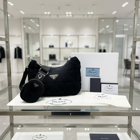 PRADA – Mouton, Nylon & Leather Triangle Logo Shoulder Bag – Black with Silver Hardware –