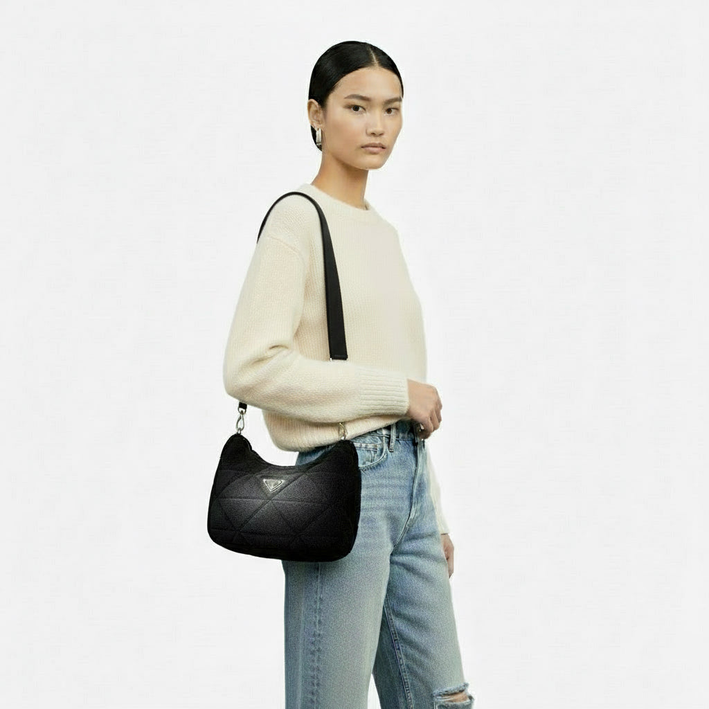 PRADA – Mouton, Nylon & Leather Triangle Logo Shoulder Bag – Black with Silver Hardware –