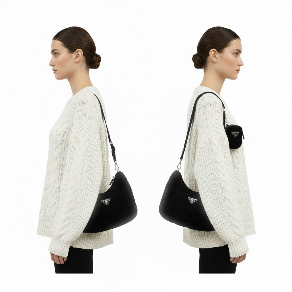 PRADA – Mouton, Nylon & Leather Triangle Logo Shoulder Bag – Black with Silver Hardware –