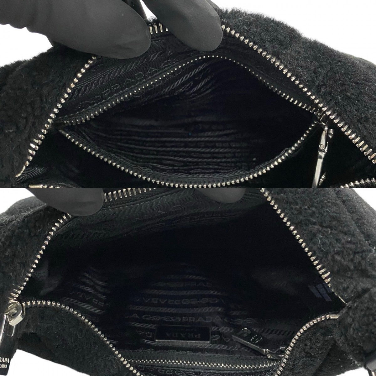 PRADA – Mouton, Nylon & Leather Triangle Logo Shoulder Bag – Black with Silver Hardware –