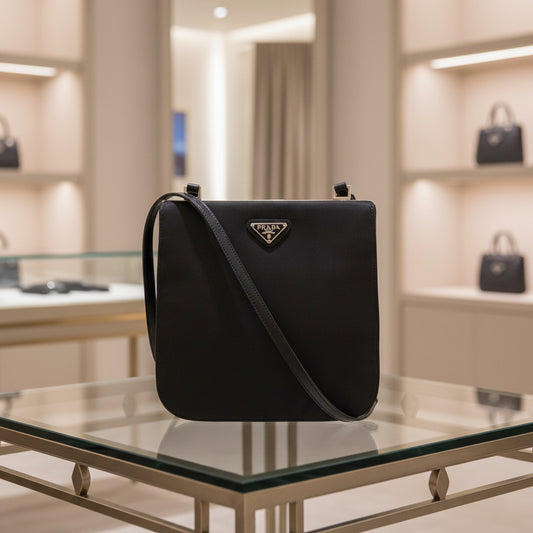 PRADA – Nylon Shoulder Pochette with Triangle Logo – Black with Silver Hardware –