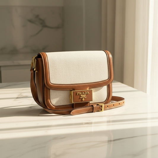 PRADA – Canvas & Leather Shoulder Bag – Beige with Gold Hardware