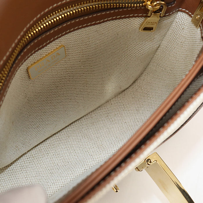 PRADA – Canvas & Leather Shoulder Bag – Beige with Gold Hardware