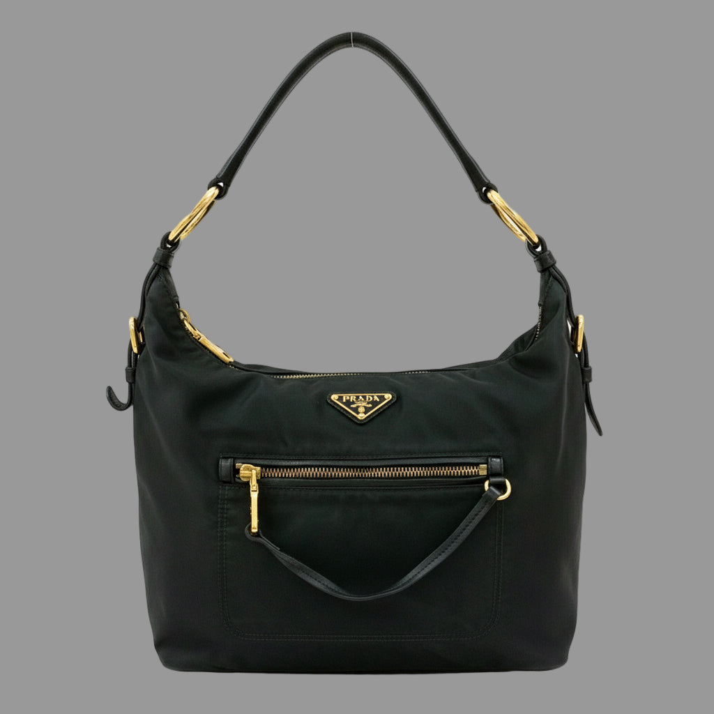 PRADA – Nylon &amp; Leather Shoulder Bag with Triangle Logo – Black