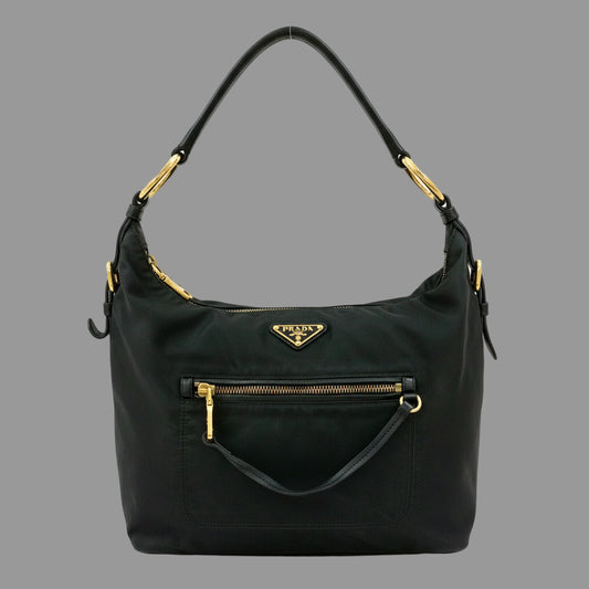 PRADA – Nylon &amp; Leather Shoulder Bag with Triangle Logo – Black