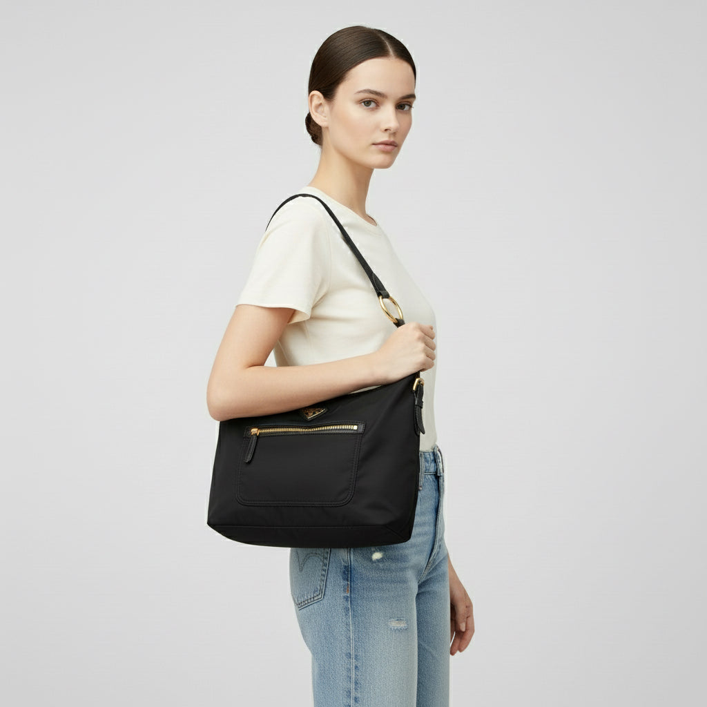 PRADA – Nylon &amp; Leather Shoulder Bag with Triangle Logo – Black