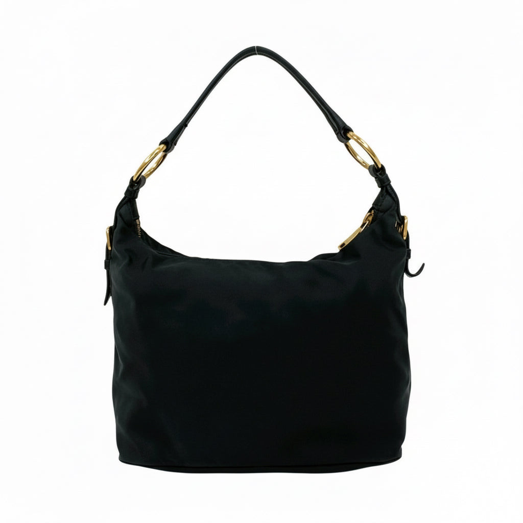 PRADA – Nylon &amp; Leather Shoulder Bag with Triangle Logo – Black