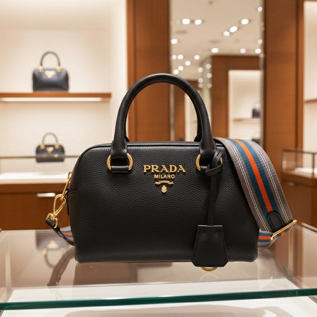 PRADA – 2WAY Vittello Leather Handbag – Black with Gold Hardware –