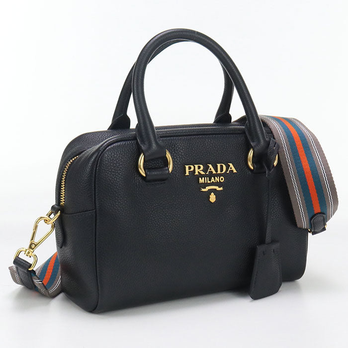 PRADA – 2WAY Vittello Leather Handbag – Black with Gold Hardware –