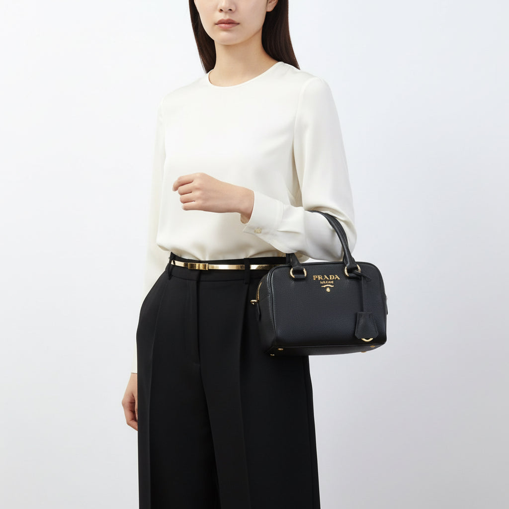 PRADA – 2WAY Vittello Leather Handbag – Black with Gold Hardware –